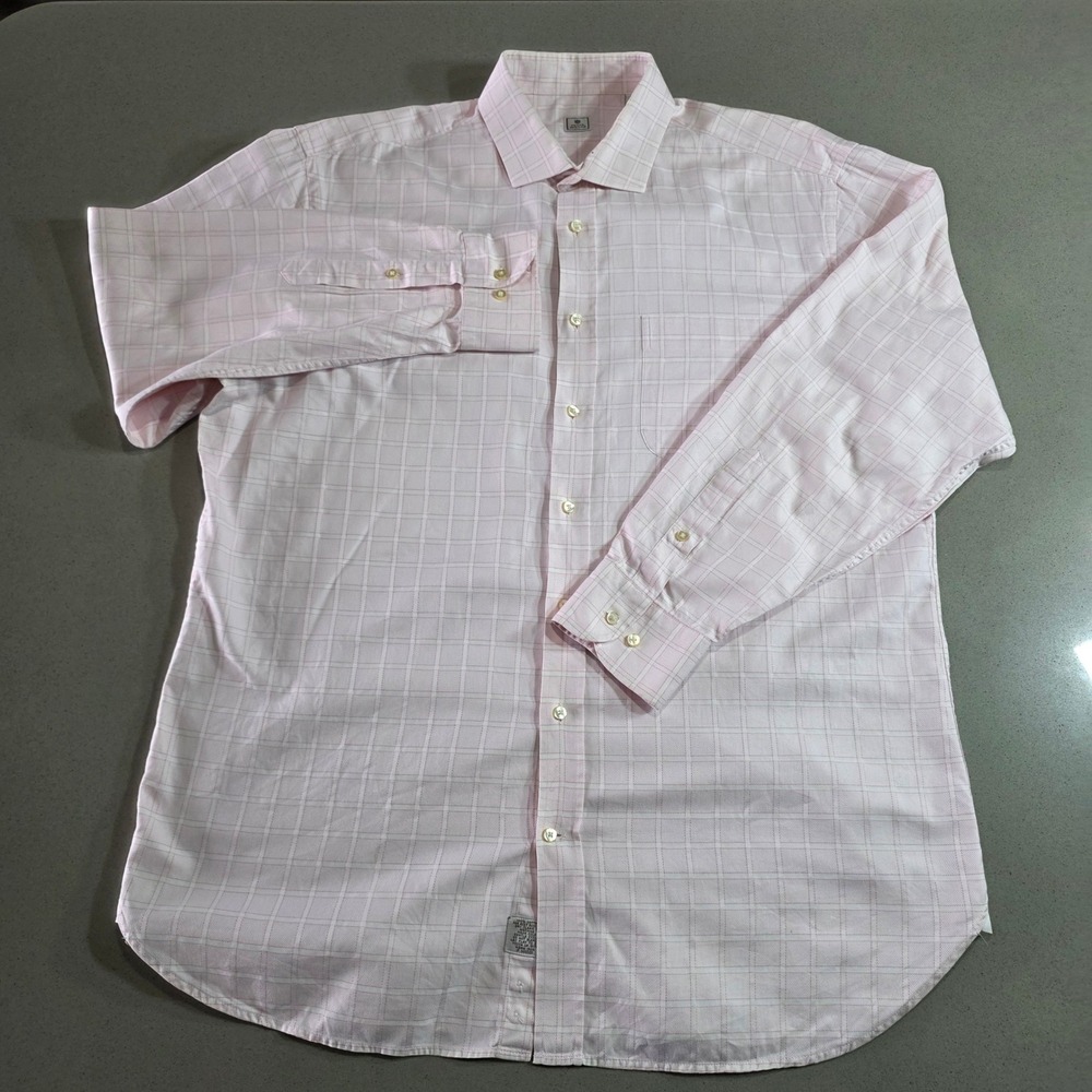 Peter Millar Mens Large Pink White Grid Check Button Down Shirt Long Sleeve L
